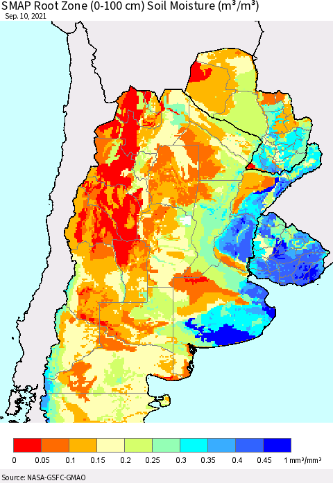 Southern South America SMAP Root Zone (0-100 cm) Soil Moisture (m³/m³) Thematic Map For 9/6/2021 - 9/10/2021