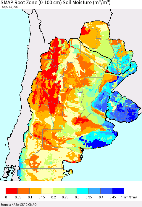 Southern South America SMAP Root Zone (0-100 cm) Soil Moisture (m³/m³) Thematic Map For 9/11/2021 - 9/15/2021