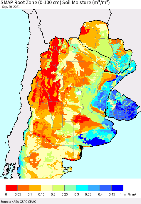 Southern South America SMAP Root Zone (0-100 cm) Soil Moisture (m³/m³) Thematic Map For 9/16/2021 - 9/20/2021
