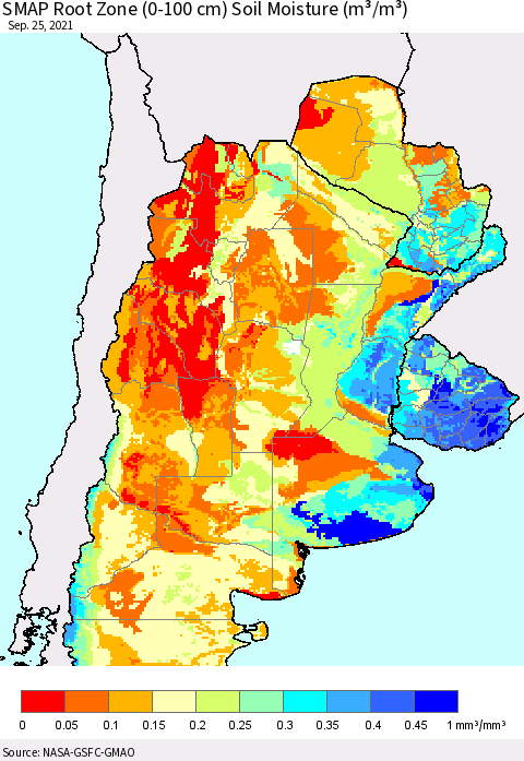 Southern South America SMAP Root Zone (0-100 cm) Soil Moisture (m³/m³) Thematic Map For 9/21/2021 - 9/25/2021