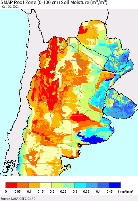 Southern South America SMAP Root Zone (0-100 cm) Soil Moisture (m³/m³) Thematic Map For 10/6/2021 - 10/10/2021