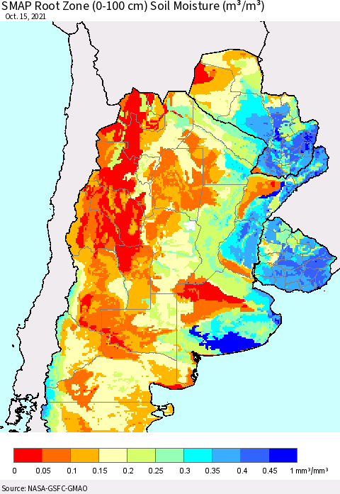 Southern South America SMAP Root Zone (0-100 cm) Soil Moisture (m³/m³) Thematic Map For 10/11/2021 - 10/15/2021