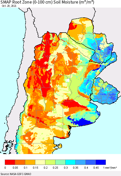 Southern South America SMAP Root Zone (0-100 cm) Soil Moisture (m³/m³) Thematic Map For 10/16/2021 - 10/20/2021
