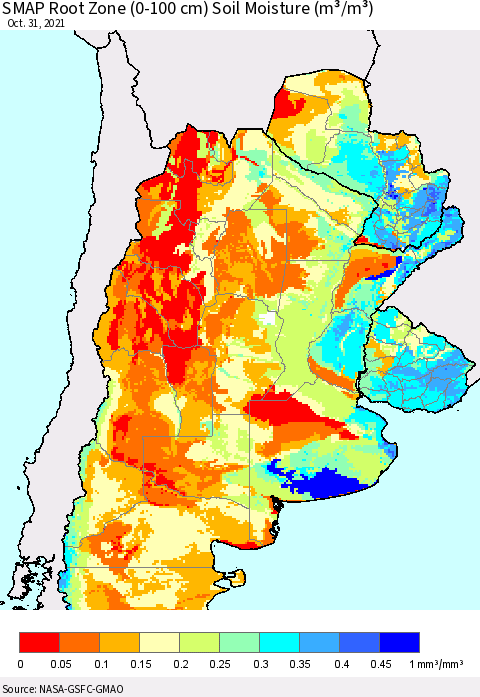 Southern South America SMAP Root Zone (0-100 cm) Soil Moisture (m³/m³) Thematic Map For 10/26/2021 - 10/31/2021