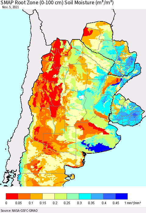 Southern South America SMAP Root Zone (0-100 cm) Soil Moisture (m³/m³) Thematic Map For 11/1/2021 - 11/5/2021