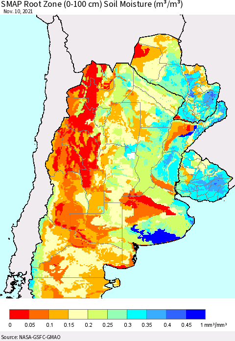 Southern South America SMAP Root Zone (0-100 cm) Soil Moisture (m³/m³) Thematic Map For 11/6/2021 - 11/10/2021