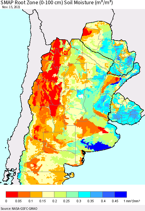 Southern South America SMAP Root Zone (0-100 cm) Soil Moisture (m³/m³) Thematic Map For 11/11/2021 - 11/15/2021