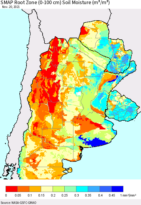 Southern South America SMAP Root Zone (0-100 cm) Soil Moisture (m³/m³) Thematic Map For 11/16/2021 - 11/20/2021