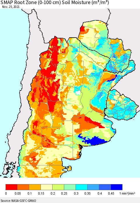 Southern South America SMAP Root Zone (0-100 cm) Soil Moisture (m³/m³) Thematic Map For 11/21/2021 - 11/25/2021