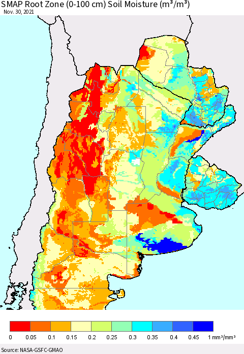 Southern South America SMAP Root Zone (0-100 cm) Soil Moisture (m³/m³) Thematic Map For 11/26/2021 - 11/30/2021