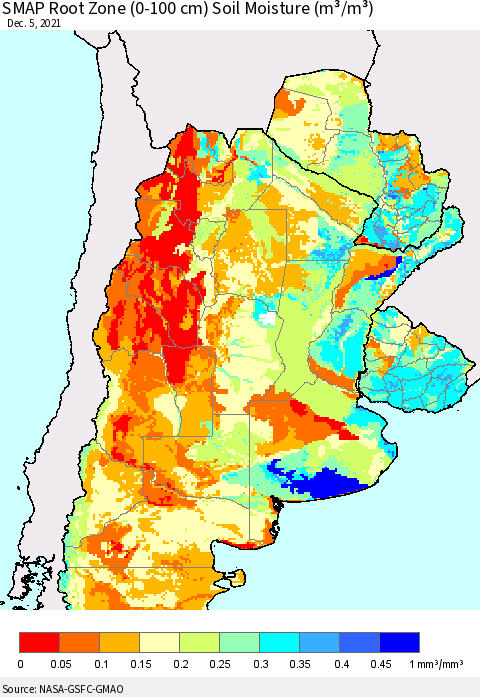 Southern South America SMAP Root Zone (0-100 cm) Soil Moisture (m³/m³) Thematic Map For 12/1/2021 - 12/5/2021