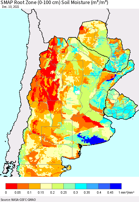 Southern South America SMAP Root Zone (0-100 cm) Soil Moisture (m³/m³) Thematic Map For 12/6/2021 - 12/10/2021