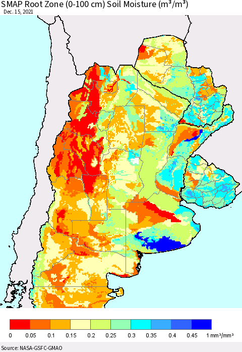 Southern South America SMAP Root Zone (0-100 cm) Soil Moisture (m³/m³) Thematic Map For 12/11/2021 - 12/15/2021