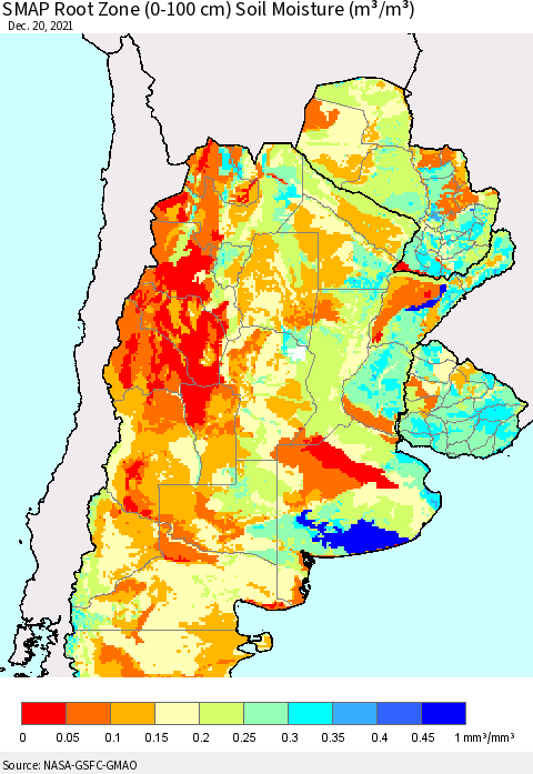 Southern South America SMAP Root Zone (0-100 cm) Soil Moisture (m³/m³) Thematic Map For 12/16/2021 - 12/20/2021