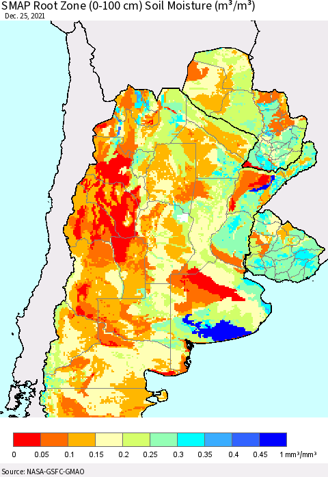 Southern South America SMAP Root Zone (0-100 cm) Soil Moisture (m³/m³) Thematic Map For 12/21/2021 - 12/25/2021