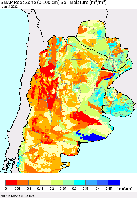 Southern South America SMAP Root Zone (0-100 cm) Soil Moisture (m³/m³) Thematic Map For 1/1/2022 - 1/5/2022