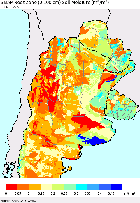 Southern South America SMAP Root Zone (0-100 cm) Soil Moisture (m³/m³) Thematic Map For 1/6/2022 - 1/10/2022