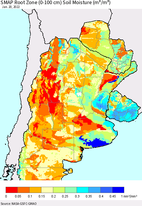 Southern South America SMAP Root Zone (0-100 cm) Soil Moisture (m³/m³) Thematic Map For 1/16/2022 - 1/20/2022