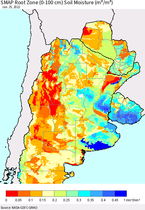 Southern South America SMAP Root Zone (0-100 cm) Soil Moisture (m³/m³) Thematic Map For 1/21/2022 - 1/25/2022