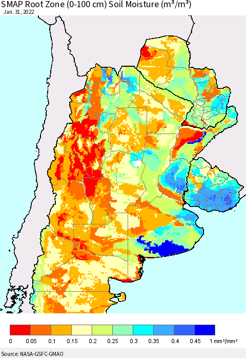 Southern South America SMAP Root Zone (0-100 cm) Soil Moisture (m³/m³) Thematic Map For 1/26/2022 - 1/31/2022