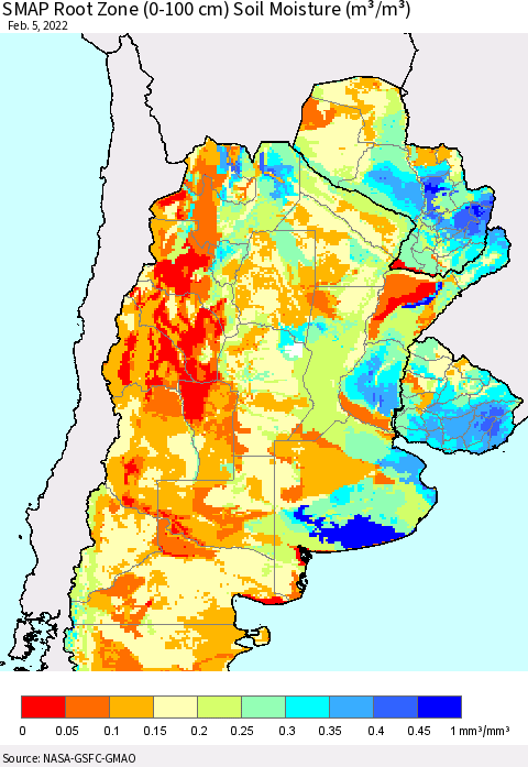 Southern South America SMAP Root Zone (0-100 cm) Soil Moisture (m³/m³) Thematic Map For 2/1/2022 - 2/5/2022