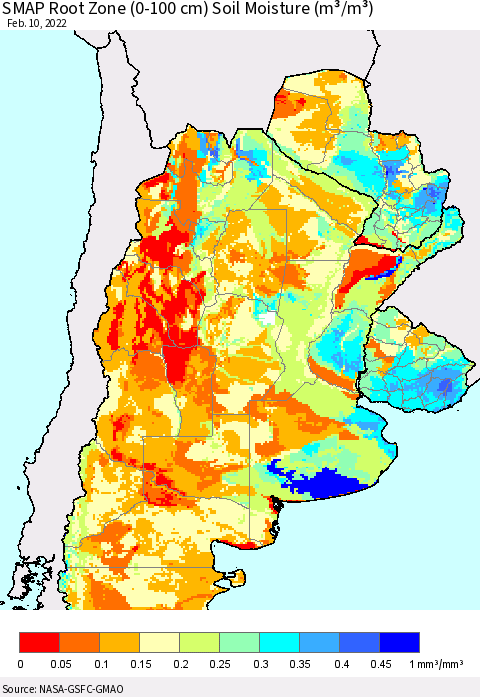 Southern South America SMAP Root Zone (0-100 cm) Soil Moisture (m³/m³) Thematic Map For 2/6/2022 - 2/10/2022
