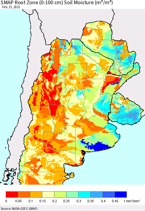 Southern South America SMAP Root Zone (0-100 cm) Soil Moisture (m³/m³) Thematic Map For 2/11/2022 - 2/15/2022