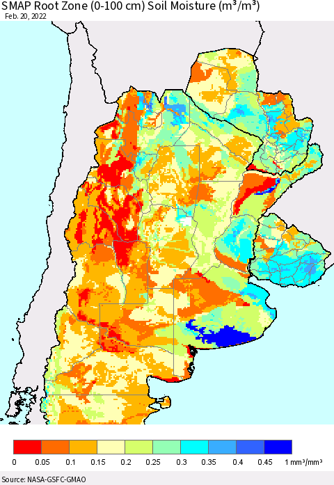 Southern South America SMAP Root Zone (0-100 cm) Soil Moisture (m³/m³) Thematic Map For 2/16/2022 - 2/20/2022