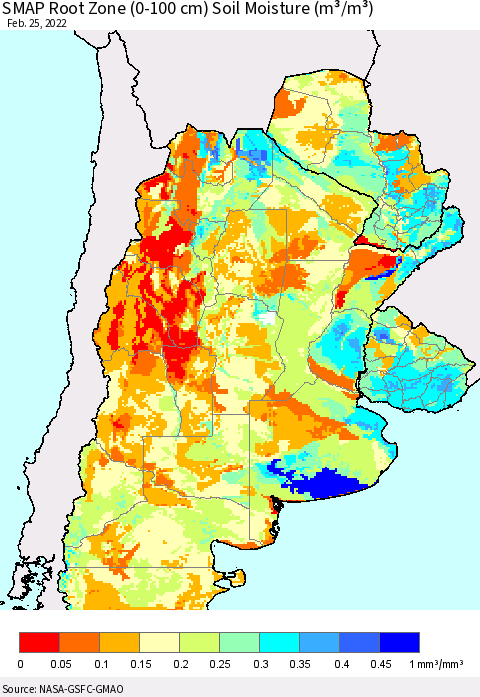 Southern South America SMAP Root Zone (0-100 cm) Soil Moisture (m³/m³) Thematic Map For 2/21/2022 - 2/25/2022