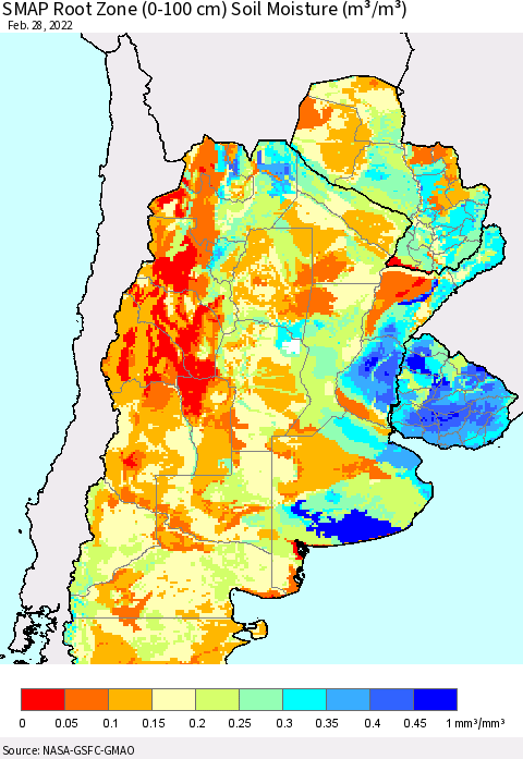 Southern South America SMAP Root Zone (0-100 cm) Soil Moisture (m³/m³) Thematic Map For 2/26/2022 - 2/28/2022