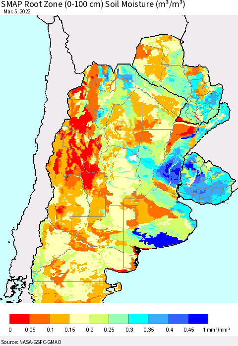 Southern South America SMAP Root Zone (0-100 cm) Soil Moisture (m³/m³) Thematic Map For 3/1/2022 - 3/5/2022