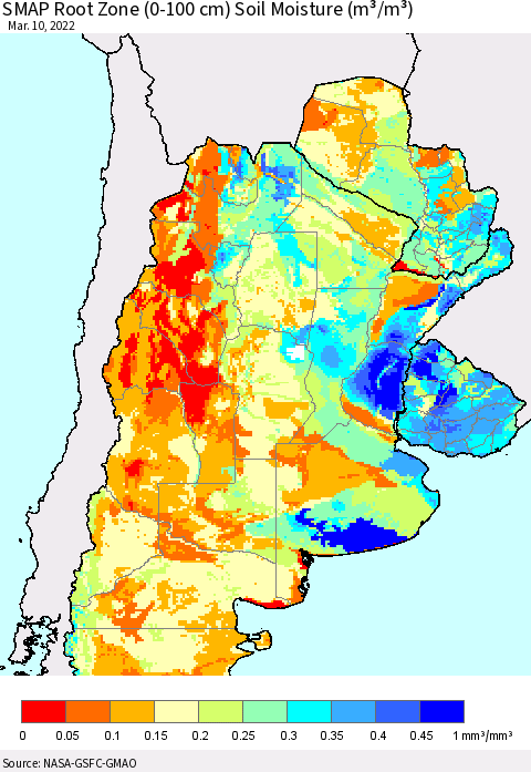 Southern South America SMAP Root Zone (0-100 cm) Soil Moisture (m³/m³) Thematic Map For 3/6/2022 - 3/10/2022