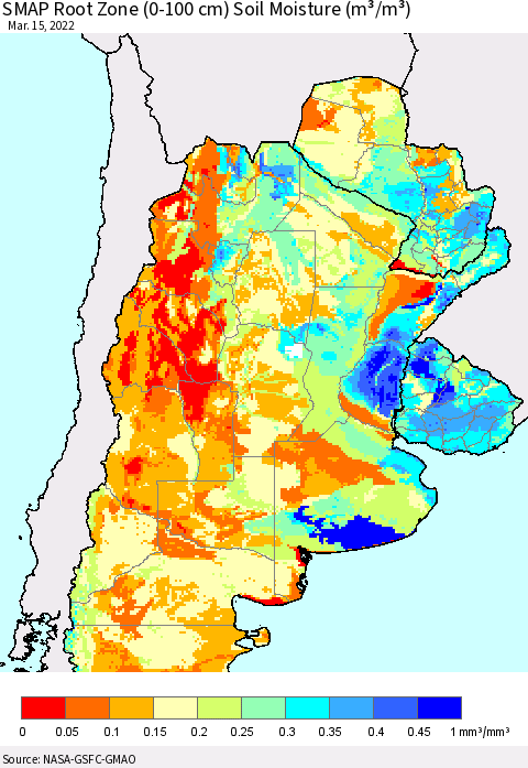 Southern South America SMAP Root Zone (0-100 cm) Soil Moisture (m³/m³) Thematic Map For 3/11/2022 - 3/15/2022