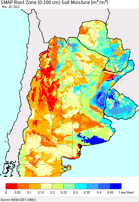 Southern South America SMAP Root Zone (0-100 cm) Soil Moisture (m³/m³) Thematic Map For 3/16/2022 - 3/20/2022