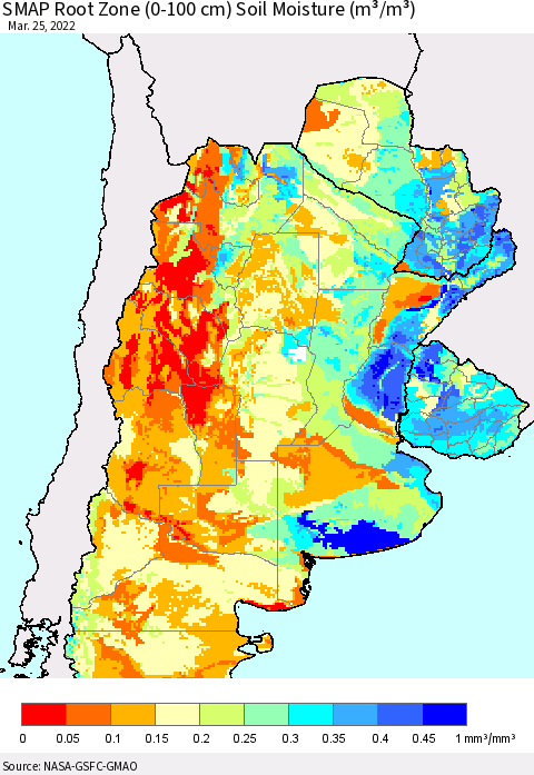 Southern South America SMAP Root Zone (0-100 cm) Soil Moisture (m³/m³) Thematic Map For 3/21/2022 - 3/25/2022