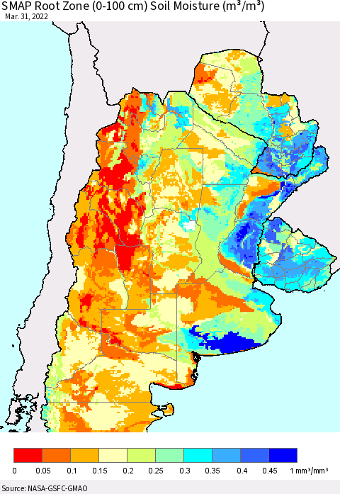 Southern South America SMAP Root Zone (0-100 cm) Soil Moisture (m³/m³) Thematic Map For 3/26/2022 - 3/31/2022