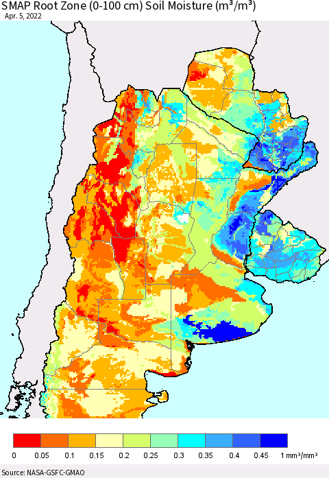 Southern South America SMAP Root Zone (0-100 cm) Soil Moisture (m³/m³) Thematic Map For 4/1/2022 - 4/5/2022