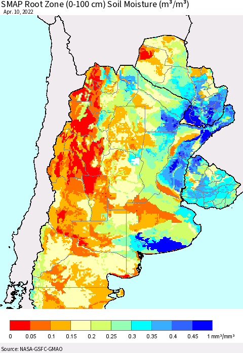 Southern South America SMAP Root Zone (0-100 cm) Soil Moisture (m³/m³) Thematic Map For 4/6/2022 - 4/10/2022