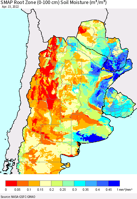 Southern South America SMAP Root Zone (0-100 cm) Soil Moisture (m³/m³) Thematic Map For 4/11/2022 - 4/15/2022