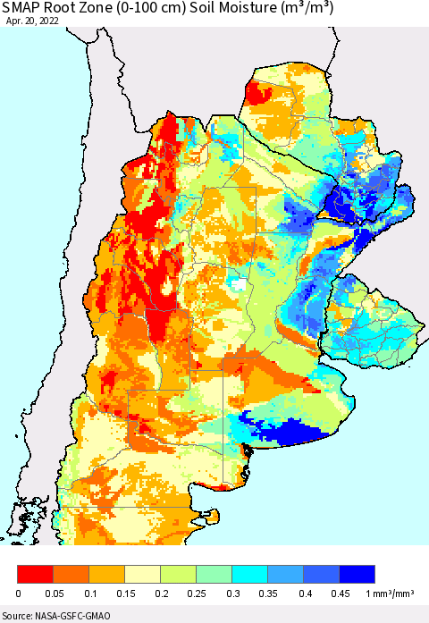 Southern South America SMAP Root Zone (0-100 cm) Soil Moisture (m³/m³) Thematic Map For 4/16/2022 - 4/20/2022