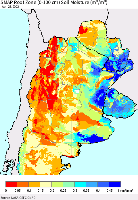 Southern South America SMAP Root Zone (0-100 cm) Soil Moisture (m³/m³) Thematic Map For 4/21/2022 - 4/25/2022