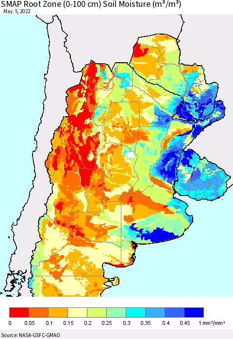 Southern South America SMAP Root Zone (0-100 cm) Soil Moisture (m³/m³) Thematic Map For 5/1/2022 - 5/5/2022