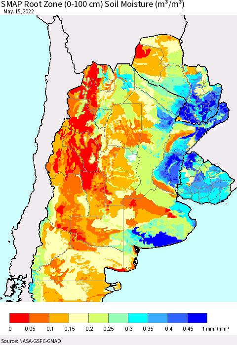 Southern South America SMAP Root Zone (0-100 cm) Soil Moisture (m³/m³) Thematic Map For 5/11/2022 - 5/15/2022
