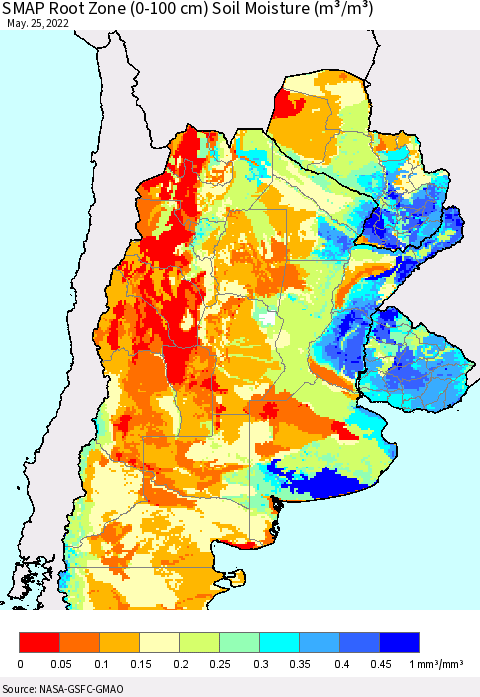 Southern South America SMAP Root Zone (0-100 cm) Soil Moisture (m³/m³) Thematic Map For 5/21/2022 - 5/25/2022