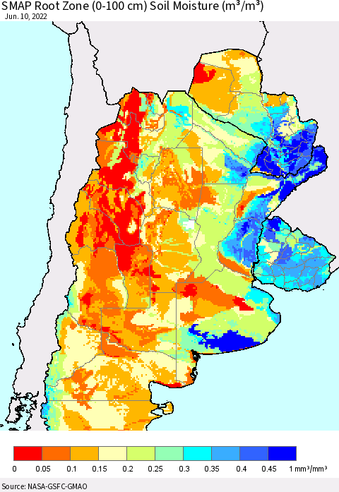 Southern South America SMAP Root Zone (0-100 cm) Soil Moisture (m³/m³) Thematic Map For 6/6/2022 - 6/10/2022