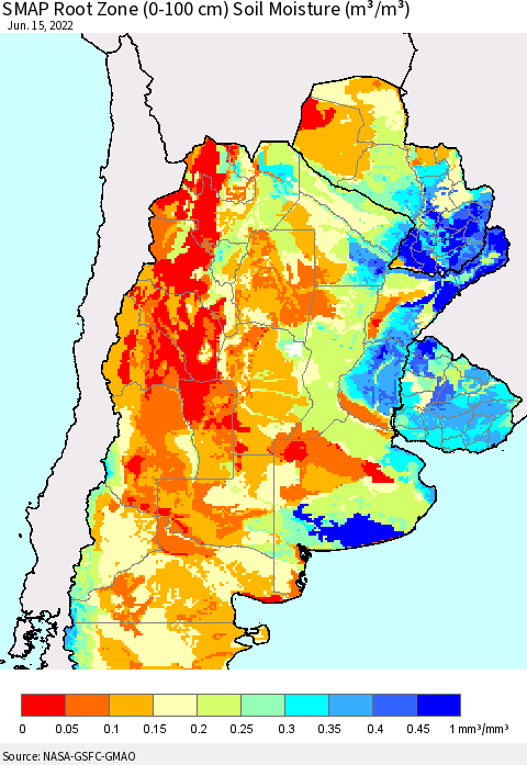 Southern South America SMAP Root Zone (0-100 cm) Soil Moisture (m³/m³) Thematic Map For 6/11/2022 - 6/15/2022