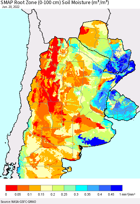 Southern South America SMAP Root Zone (0-100 cm) Soil Moisture (m³/m³) Thematic Map For 6/16/2022 - 6/20/2022