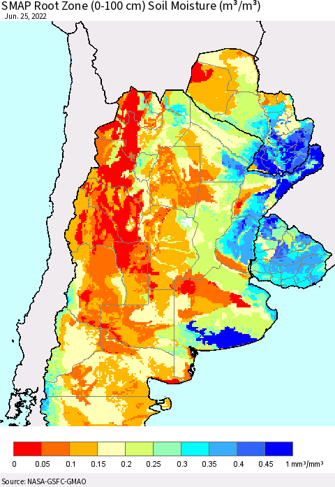 Southern South America SMAP Root Zone (0-100 cm) Soil Moisture (m³/m³) Thematic Map For 6/21/2022 - 6/25/2022