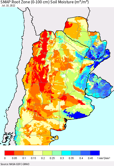 Southern South America SMAP Root Zone (0-100 cm) Soil Moisture (m³/m³) Thematic Map For 7/6/2022 - 7/10/2022