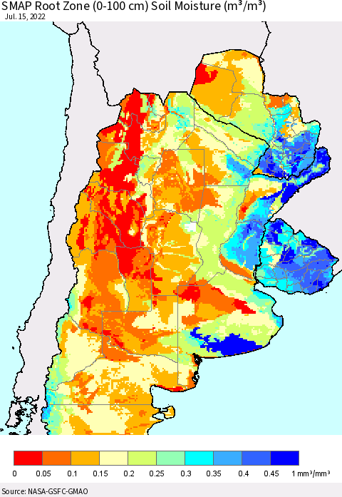 Southern South America SMAP Root Zone (0-100 cm) Soil Moisture (m³/m³) Thematic Map For 7/11/2022 - 7/15/2022